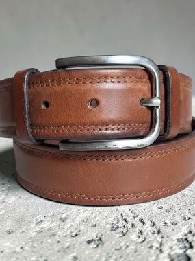 Johnston & Murphy Brown Leather Belt with Silver Buckle - 38”